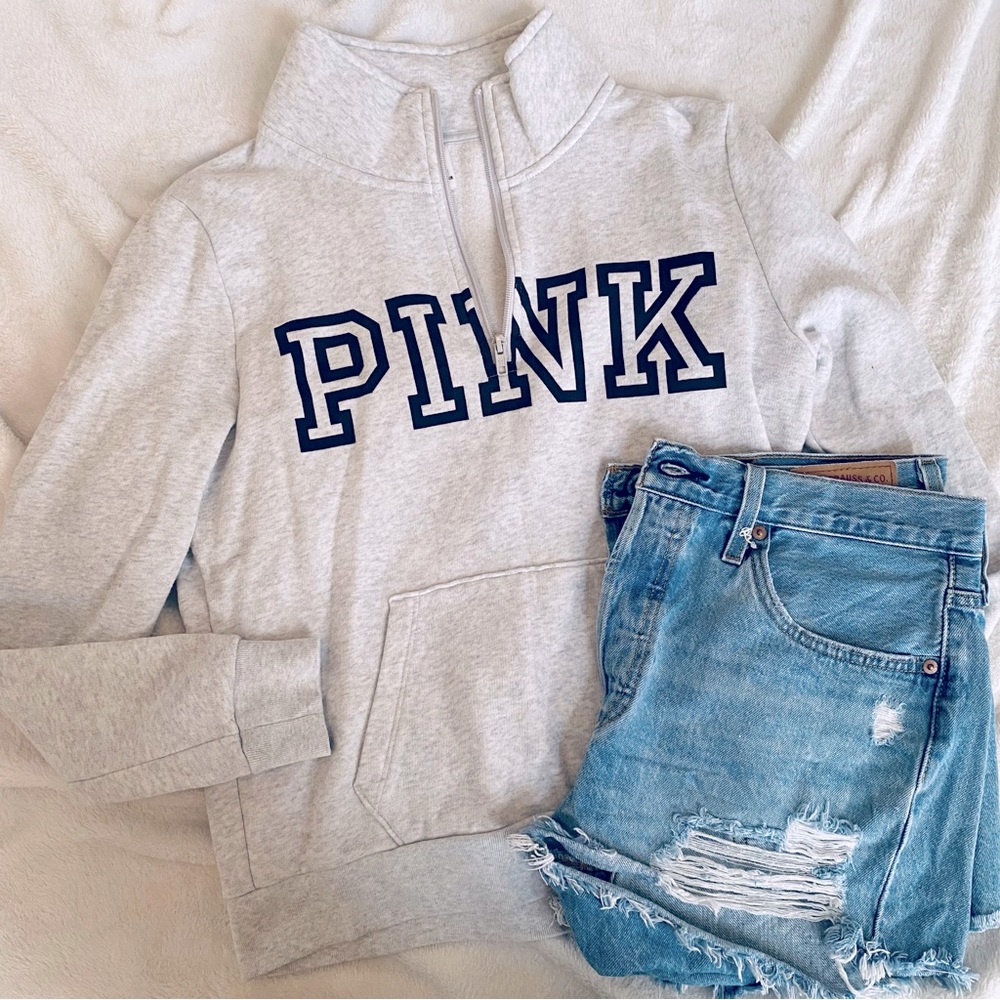 PINK Victoria’s Secret 3/4 Zip Up Sweatshirt Heather Gray Like New Size Small